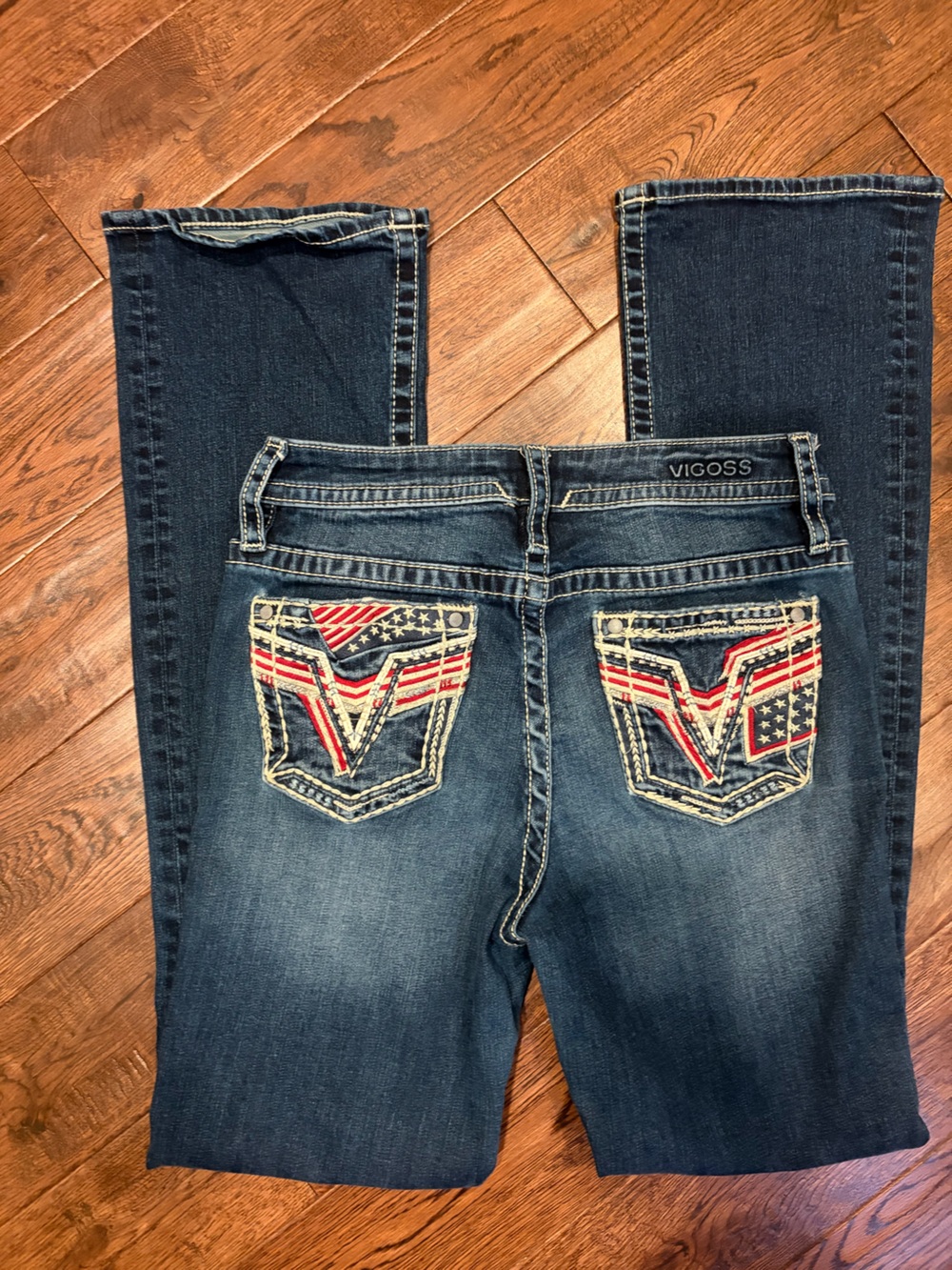 Vigoss Women’s Dark Blue Boot Cut Jeans with Red, White & Blue Pocket Embroidery